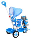 3-kołowy Rowerek dla dzieci Słonik Niebieski + Dźwięki + Daszek + Barierka + Podnóżek + Rączka + Schowek