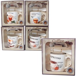 Kubek ceramiczny z łyżeczką i spodkiem w ozdobnym opakowaniu CAFFEE.Mix wzorów. 300 ml