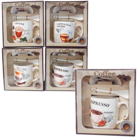 Kubek ceramiczny z łyżeczką i spodkiem w ozdobnym opakowaniu CAFFEE.Mix wzorów. 300 ml