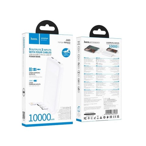 Powerbank Hoco 10000 mAh 2A z czterema wbudowanymi kablami USB A + USB C+ Lightning + Micro USB J163 biały