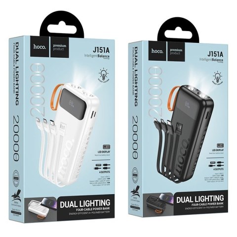 Powerbank Hoco 20000 mAh 2A z wbudowanymi kablami USB A + USB C + Lightning + Micro USB oraz podwójną latarką J151A czarny