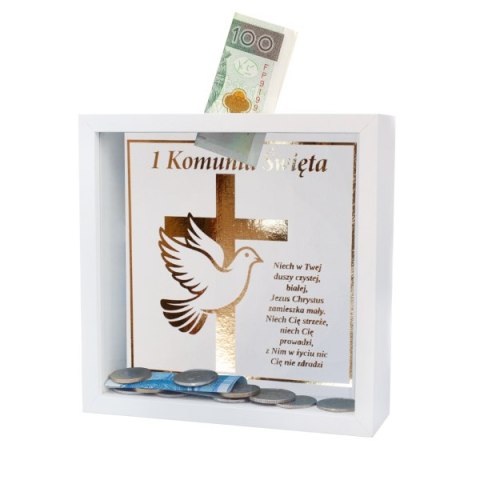 Pozłacana skarbonka mdf 15 x 4,5 x 15 cm"I Komunia Święta" złoto gołąb