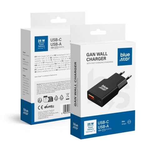 Ładowarka sieciowa do telefonu Blue Star Slim GaN USB C + USB A QC4.0 PD 3A 25W TFK-SC-25WAC czarna