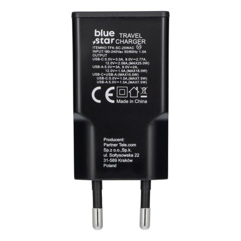 Ładowarka sieciowa do telefonu Blue Star Slim GaN USB C + USB A QC4.0 PD 3A 25W TFK-SC-25WAC czarna
