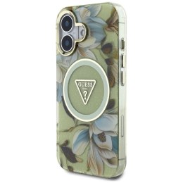 GUESS futerał do IPHONE 16 kompatybyliny z MagSafe GUHMP16SHFLPEDN (IML Metal Glitter Flowers Triangle) zielony