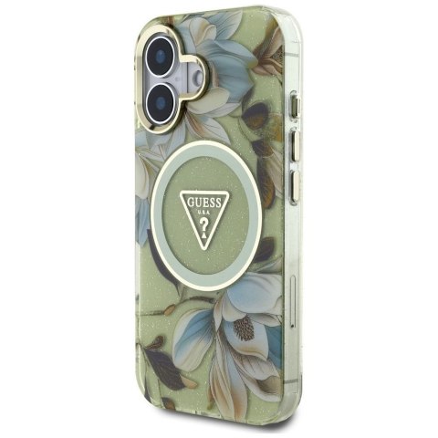 GUESS futerał do IPHONE 16 kompatybyliny z MagSafe GUHMP16SHFLPEDN (IML Metal Glitter Flowers Triangle) zielony