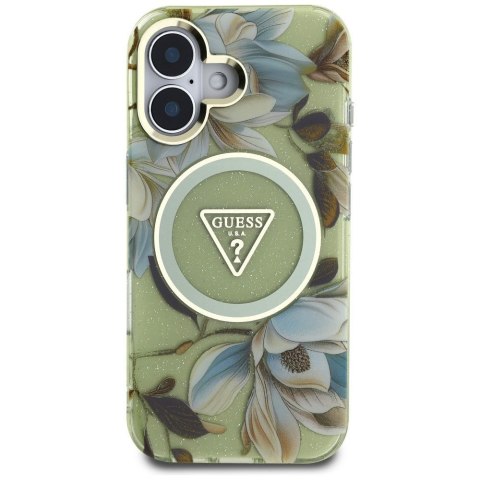 GUESS futerał do IPHONE 16 kompatybyliny z MagSafe GUHMP16SHFLPEDN (IML Metal Glitter Flowers Triangle) zielony