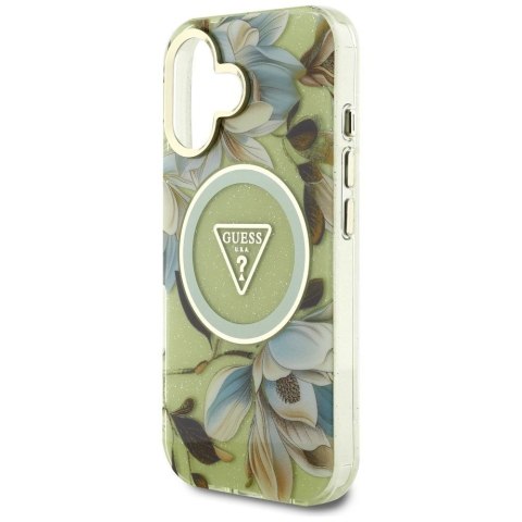 GUESS futerał do IPHONE 16 kompatybyliny z MagSafe GUHMP16SHFLPEDN (IML Metal Glitter Flowers Triangle) zielony
