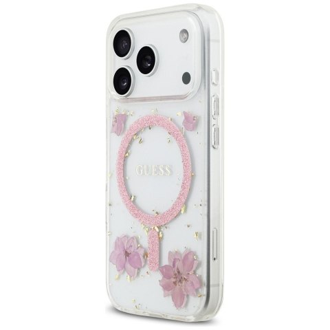 GUESS futerał do IPHONE 17 Pro kompatybilny z MagSafe GUHMP17LRBFGFGMP (Resin Flowers and Glitter) różowy