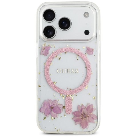 GUESS futerał do IPHONE 17 Pro kompatybilny z MagSafe GUHMP17LRBFGFGMP (Resin Flowers and Glitter) różowy