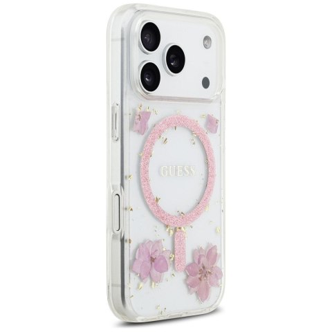 GUESS futerał do IPHONE 17 Pro kompatybilny z MagSafe GUHMP17LRBFGFGMP (Resin Flowers and Glitter) różowy