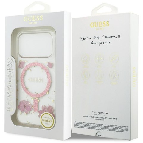 GUESS futerał do IPHONE 17 Pro kompatybilny z MagSafe GUHMP17LRBFGFGMP (Resin Flowers and Glitter) różowy