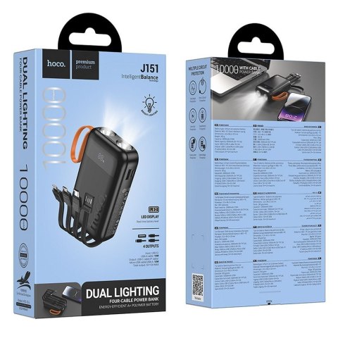 Powerbank Hoco 10000 mAh 2A z wbudowanymi kablami USB A + USB C + Lightning + Micro USB oraz podwójną latarką J151 czarny
