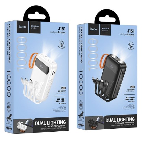 Powerbank Hoco 10000 mAh 2A z wbudowanymi kablami USB A + USB C + Lightning + Micro USB oraz podwójną latarką J151 czarny