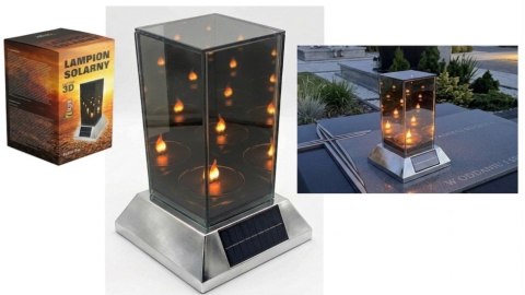 Latarnia szklana znicz SOLAR LUSTRO KWADRAT 3D na plastikowej srebrnej podstawie 22x15x15 cm SL-K1S