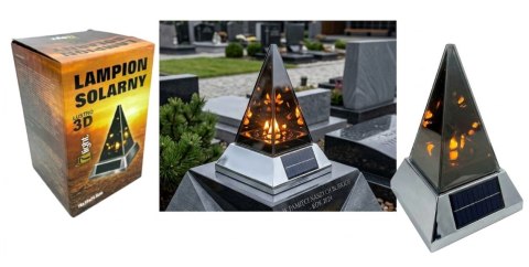 Latarnia szklana znicz SOLAR LUSTRO PIRAMIDA 3D na plastikowej srebrnej podstawie 24,5x15x15 cm SL-P1S