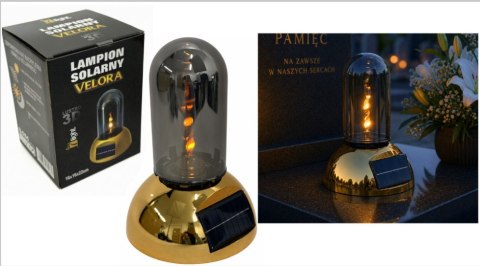 Świeca, lampion SOLARNY VELORA szklana tuba, plastikowa ZŁOTA podstawa 22x16x16 cm SL-C1S-G