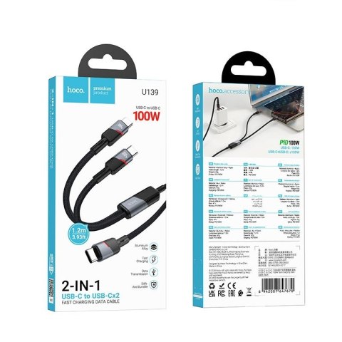 Kabel 2w1 USB C do USB C / USB C Hoco 5A 100W 1,2 m U139 czarny