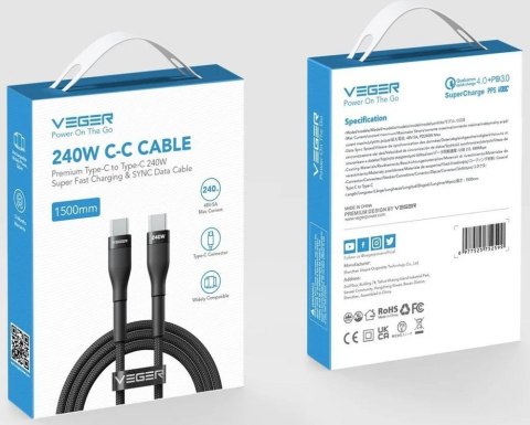 Kabel USB C do USB C VEGER PD 5A 240W 1,5 m CC03 czarny