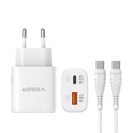 Ładowarka sieciowa do telefonu USB A + Typ C PD Super Charge PPS 45W + kabel Typ C do C 100W VEGER TR101 biała