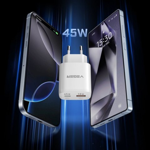 Ładowarka sieciowa do telefonu USB A + Typ C PD Super Charge PPS 45W + kabel Typ C do C 100W VEGER TR101 biała