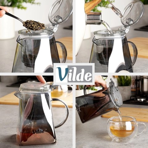 Dzbanek Zaparzacz Szkło 880 ml System Spustowy Kwadratowy VILDE