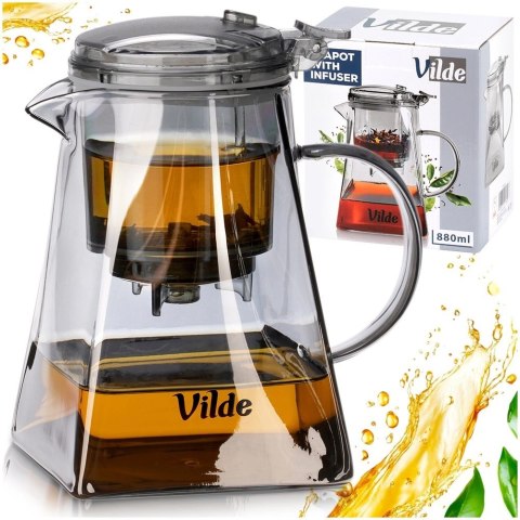 Dzbanek Zaparzacz Szkło 880 ml System Spustowy Kwadratowy VILDE
