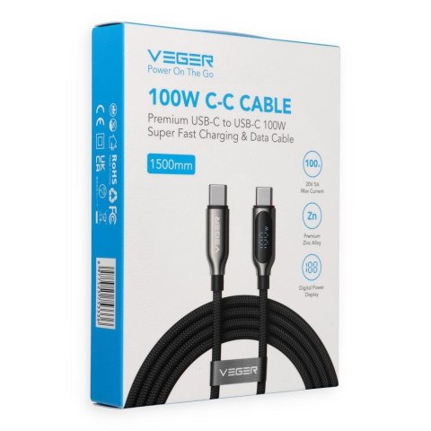 Kabel z wyświetlaczem LED USB C do USB C VEGER PD 5A 100W 1,5 m CC1-XHJ czarny