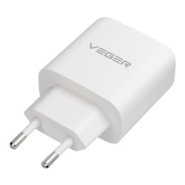 Ładowarka sieciowa do telefonu VEGER USB A + Typ C PD QC3.0 3,25A 65W + kabel USB C do USB C TR67 biała