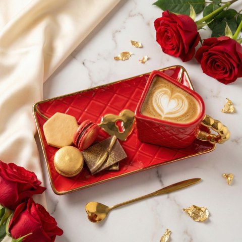 Kubek Torebka z talerzykiem i łyżeczką serce - prezent na walentynki