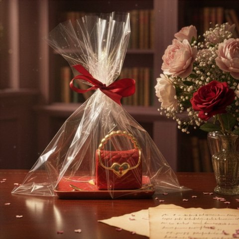 Kubek Torebka z talerzykiem i łyżeczką serce - prezent na walentynki