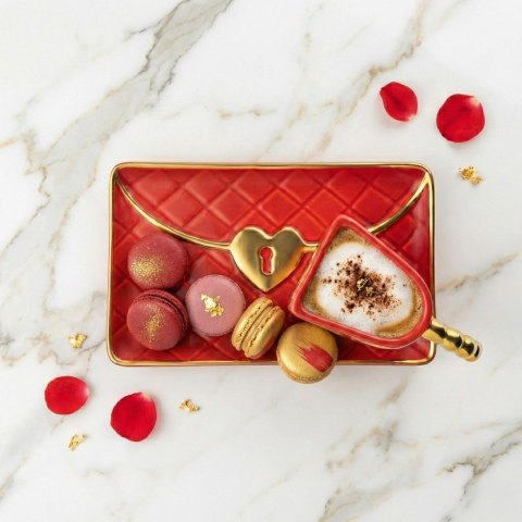 Kubek Torebka z talerzykiem i łyżeczką serce - prezent na walentynki