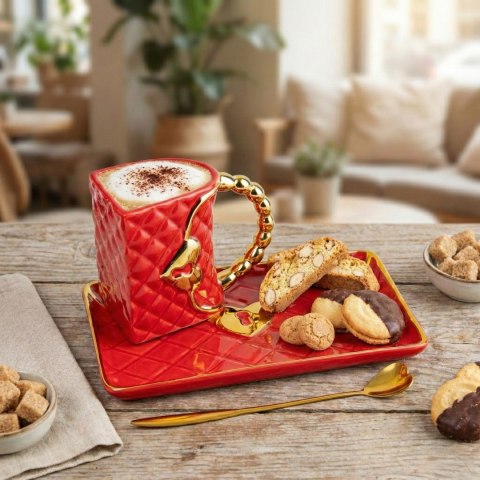 Kubek Torebka z talerzykiem i łyżeczką serce - prezent na walentynki