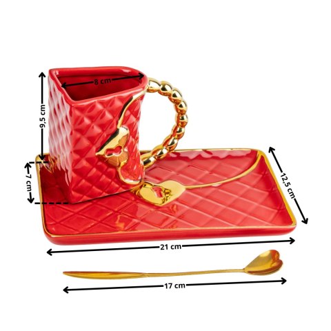 Kubek Torebka z talerzykiem i łyżeczką serce - prezent na walentynki