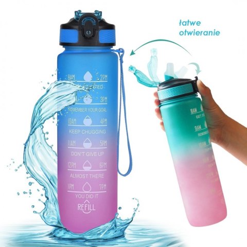 Butelka na wodę, bidon z miarką i słomką 1L OMBRE Niebieski z Fuksją BD18