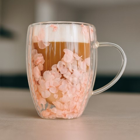 Szklanka termiczna ryflowana z kwiatami w środku, gipsówka róż 300 ml 1szt SZK157