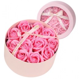 Bukiet zapachowych kwiatów mydlanych w ozdobnym pudełku, różowe róże BUK26R